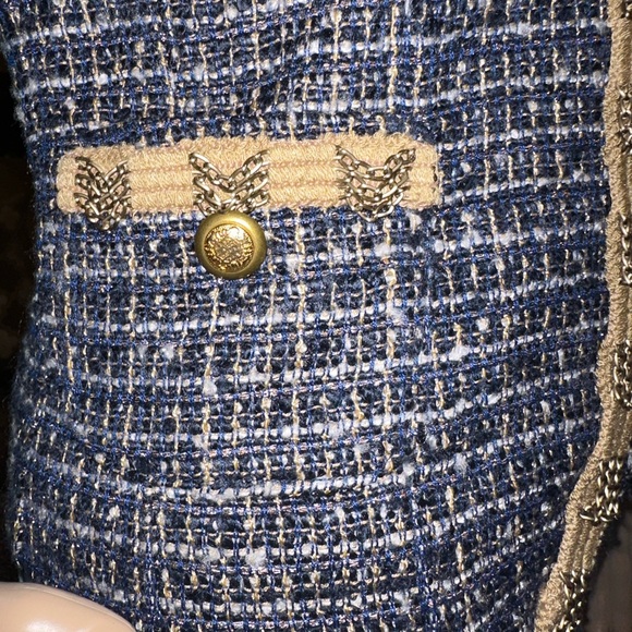 CACHE Tweed Navy Blue/Tan with gold Metallic accent Vest Sz 0 EUC - Picture 6 of 9